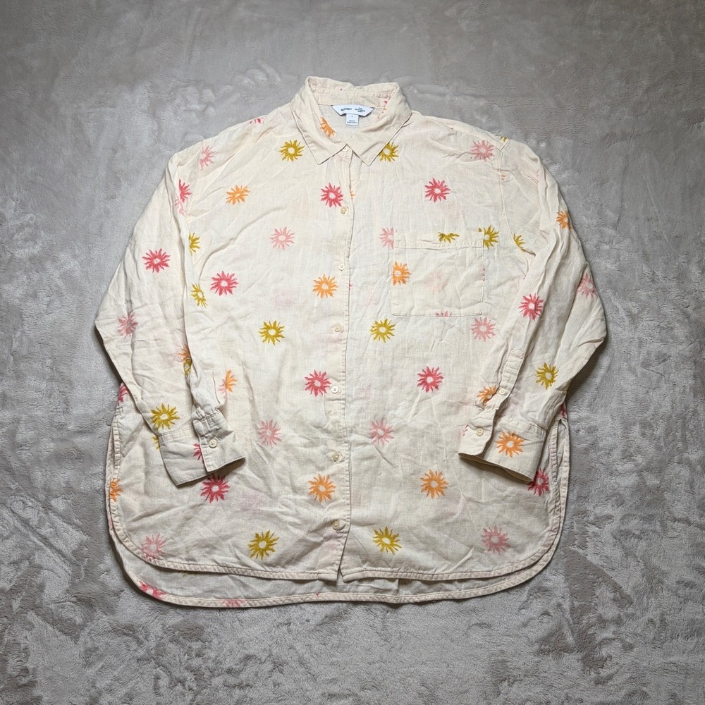 Old Navy Boyfriend Shirt Womens L Celestial Stars Linen Blend Boho Oversized